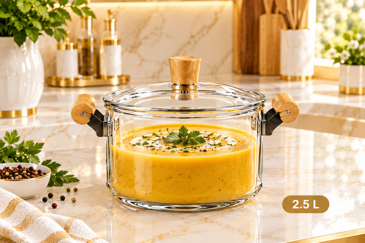 قابلمه پیرکس گرد شفاف با درب و دسته چوبی