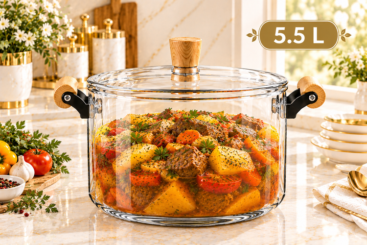 قابلمه پیرکس گرد شفاف با درب و دسته چوبی