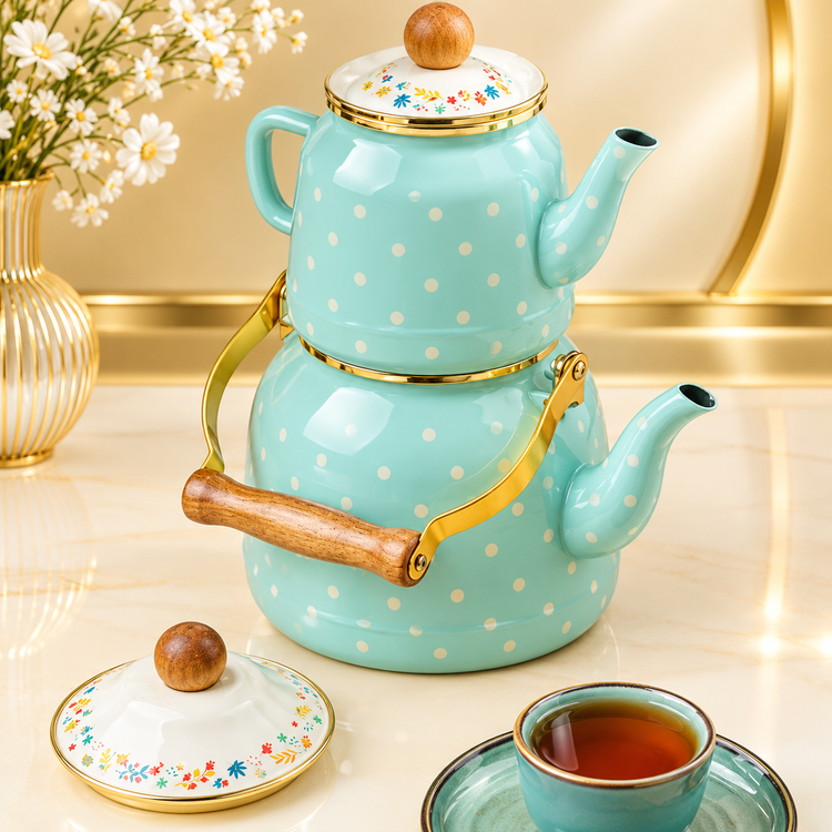 ست کتری و قوری لعابی خالخالی سبزآبی با دسته چوبی