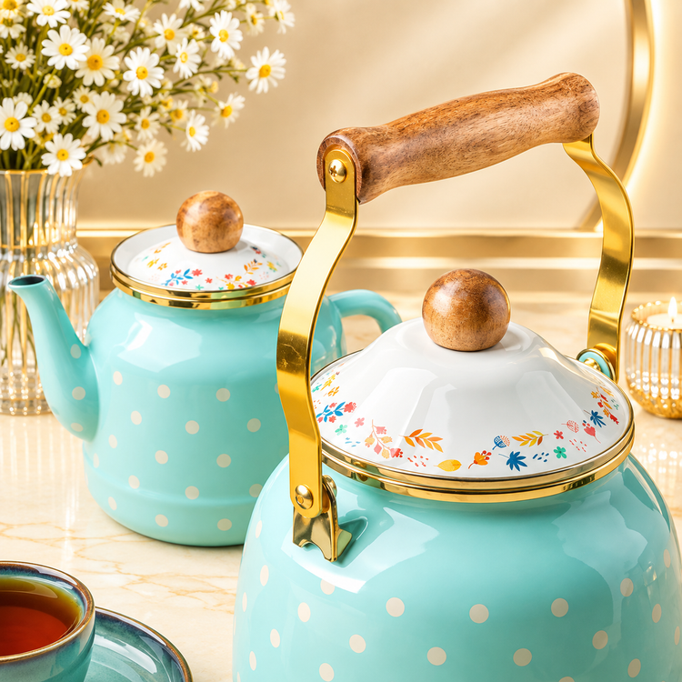 ست کتری و قوری لعابی خالخالی سبزآبی با دسته چوبی